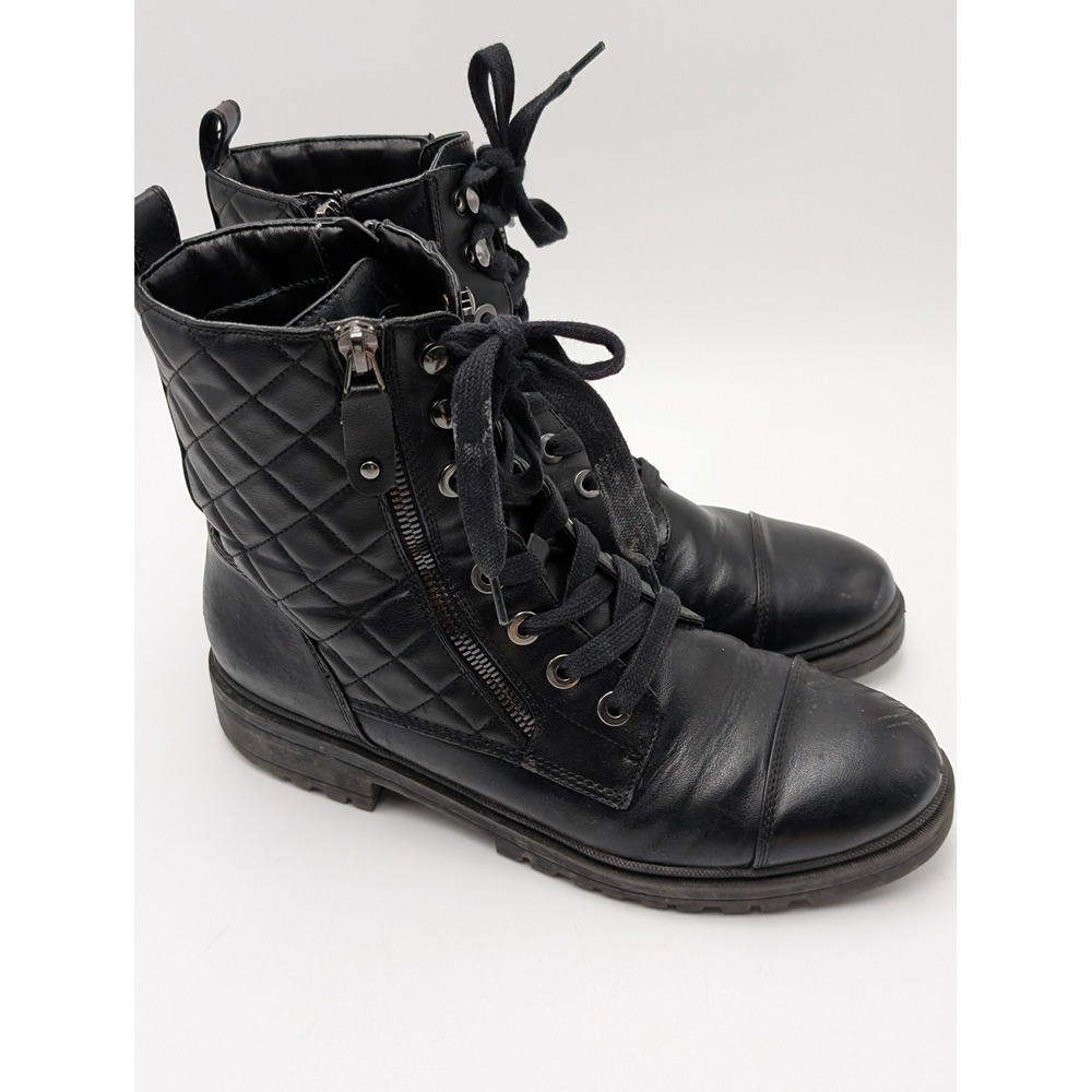 Nine West Black Quilted Combat Boots Womens 10M Lace Up Side Zip Cap Toe